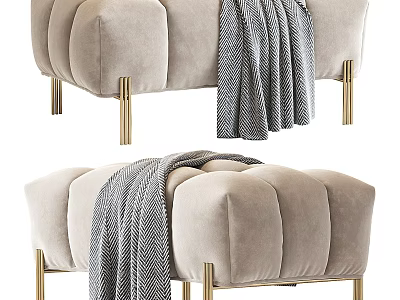 Elegant Beige Velvet Sofa Stool With Golden Legs And Gray Blanket 3d model