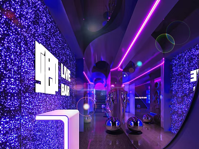Modern Bar Interior Design With Purple Blue Neon Lights And Sparkling Wall Decor 3d model
