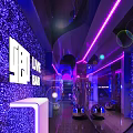 Modern Bar Interior Design With Purple Blue Neon Lights And Sparkling Wall Decor