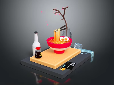 Commercial Food Service Equipment with Ramen Bowl Sauce Bottle Chopsticks and Digital Display Platform 3d model