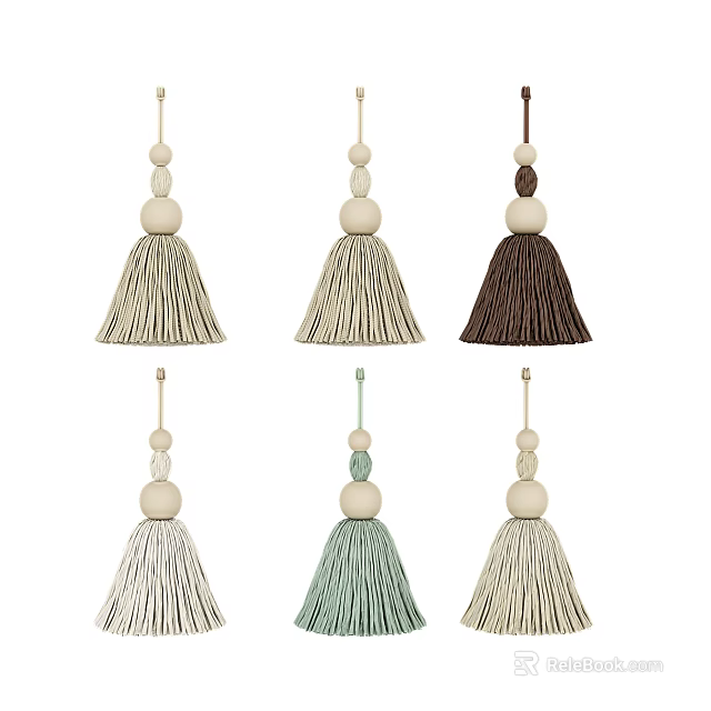 Tassel Pendant Decorations with Beige Brown Light Green Fringe and Wooden Beads Design 3d model 