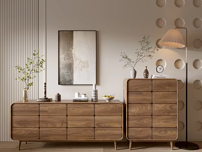 Natural Wooden Entryway Cabinet And Side Cabinet With Potted Plants Artwork And Decorative Drawers 3d model