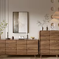 Natural Wooden Entryway Cabinet And Side Cabinet With Potted Plants Artwork And Decorative Drawers