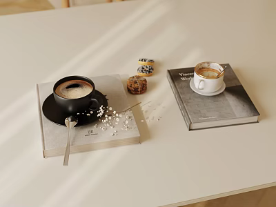 Warm Coffee in Black and White Cups on Books with Spoon Cereal Crumbs and Desserts 3d model