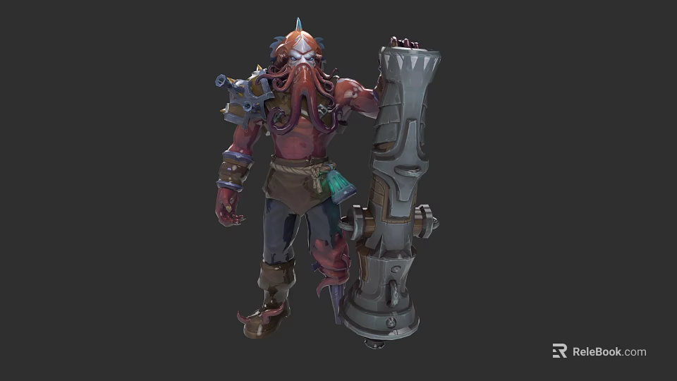 Steampunk Game Movie Character With Octopus Head Red Skin And Mechanical Cannon 3d model 