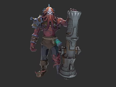Steampunk Game Movie Character With Octopus Head Red Skin And Mechanical Cannon 3d model