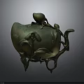 Traditional Decorative Bronze Teapot With Peach Shaped Lid Leaf Decorations Vine Design And Stand Base