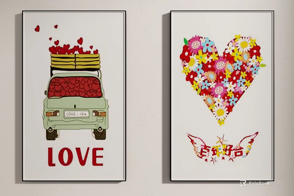 Love Themed Wall Art Prints With Green Car Flower Heart And Boat Elements 3d model 