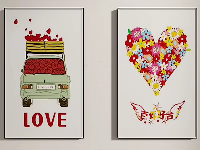 Love Themed Wall Art Prints With Green Car Flower Heart And Boat Elements 3d model