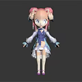 Anime Style Woman With Pink Pigtails Blue Eyes And Purple White Outfit