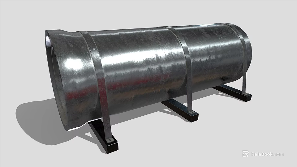 Heavy Duty Industrial Metal Pipe Shiny Surface Cylindrical Design With Sturdy Support Stands 3d model 