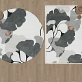 Round Carpet With Gray And White Leaf Pattern On Wooden Floor With Wooden Decorative Objects