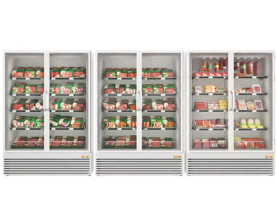 Multiple Glass Door Commercial Refrigerators Stocked with Various Packaged Foods for Store 3d model