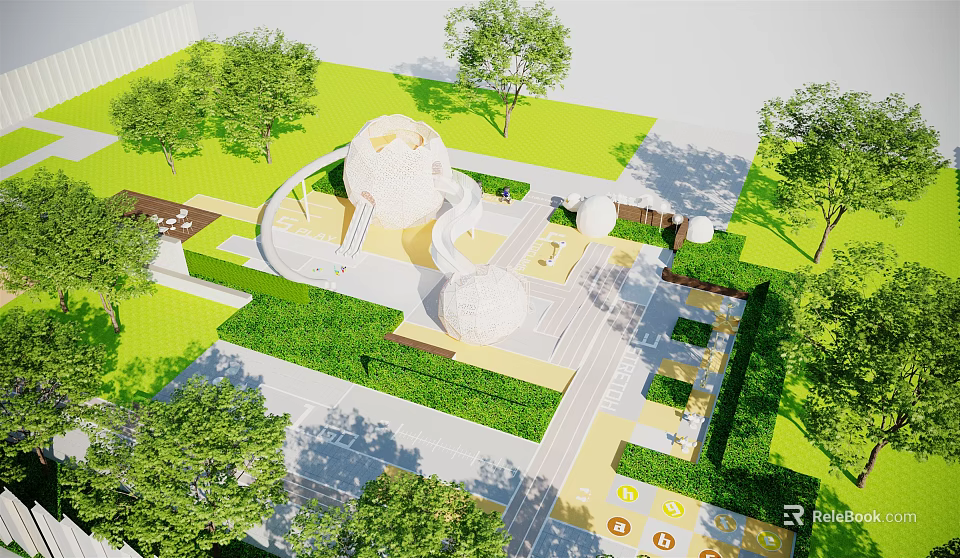 Colorful Playground With Green Lawn Trees Circular Play Structures And Safe Pathways For Kids Activities 3d model 