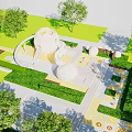 Colorful Playground With Green Lawn Trees Circular Play Structures And Safe Pathways For Kids Activities