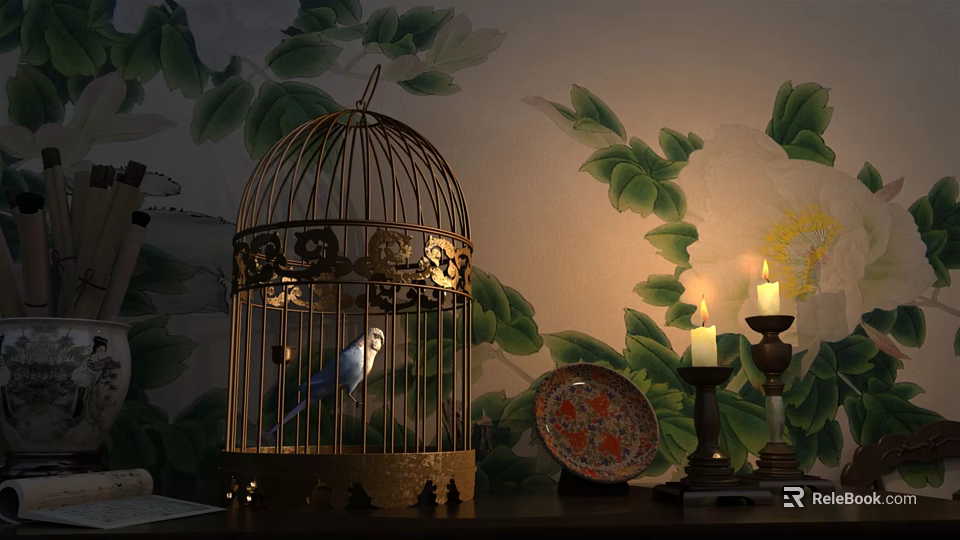 Home Interior Decorative Ornament Set With Golden Birdcage Blue Bird Lit Candles And Patterned Plate 3d model 