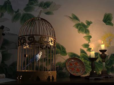 Home Interior Decorative Ornament Set With Golden Birdcage Blue Bird Lit Candles And Patterned Plate 3d model