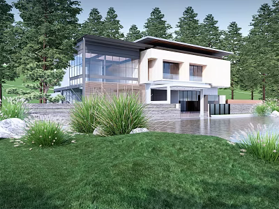 Modern Detached Villa Exterior With Glass Windows Lawn Trees And Garden 3d model
