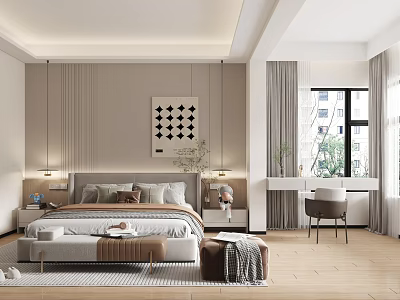 Modern Bedroom Interior Design With King Size Bed And Nightstands Decorative Painting Window Curtains 3d model