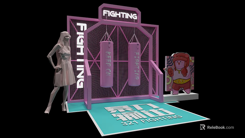 Boxing Sports Equipment Setup With Purple Punching Bags Fighting Frame And Health Fighting Mat 3d model 