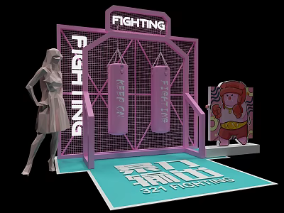 Boxing Sports Equipment Setup With Purple Punching Bags Fighting Frame And Health Fighting Mat 3d model