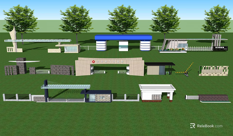 Various Entrance Gate Designs With Green Lawn And Trees In Background 3d model 