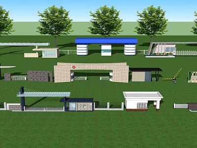 Various Entrance Gate Designs With Green Lawn And Trees In Background 3d model