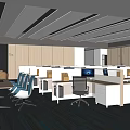 Modern Public Office Space With Spacious Layout Desks Blue Chairs And Linear Lighting