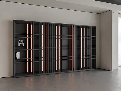 Modern Black Decorative Cabinet With Open Shelves And Vertical Light Strips 3d model