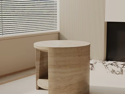 Modern Round Textured Light Stone Side Table In Interior With Blinds And Striped Wall 3d model