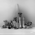 Decorative Ornament Combination With Green Rain Boots Daffodils Tulips Flower Pots And Garden Tools