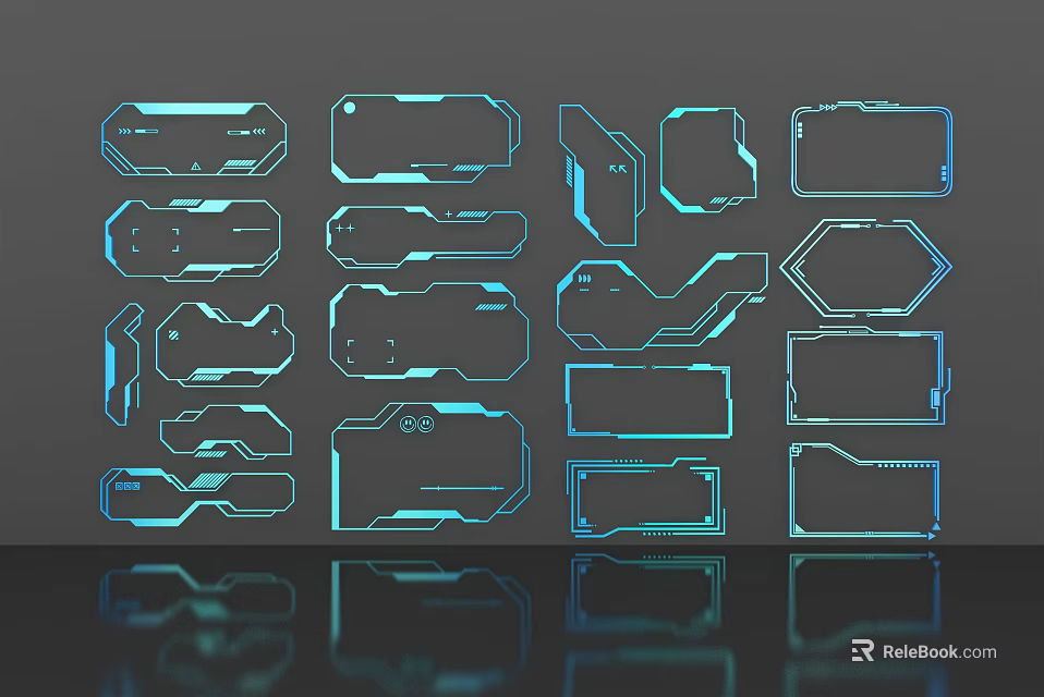 Multiple Blue Lines Form Various Shaped Frames On Black Background With Reflections 3d model 
