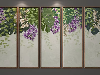 Five Panel Plant Paintings With Purple Flowers Green Leaves And Wooden Frames 3d model