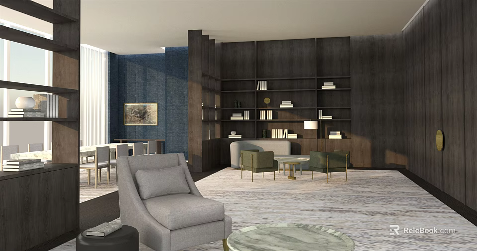 Modern Lounge Area With Gray Armchair Green Sofa Coffee Table Bookshelves And Rug 3d model 