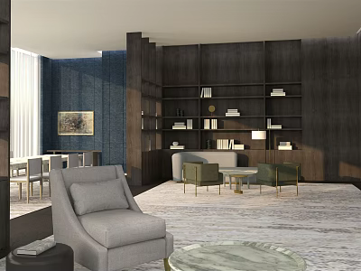 Modern Lounge Area With Gray Armchair Green Sofa Coffee Table Bookshelves And Rug 3d model