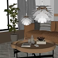 Modern Pendant Lights In Living Room Interior With Orange Sofa And Coffee Table