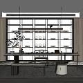 Modern Tea Room Interior With Long Table Tea Sets Display Shelves And Hanging Lights 3d model