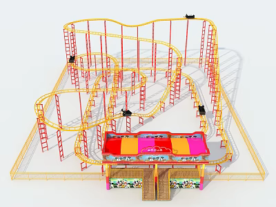 Amusement Park Roller Coaster with Intricate Yellow Red Tracks and Colorful Roofed Entrance Building 3d model