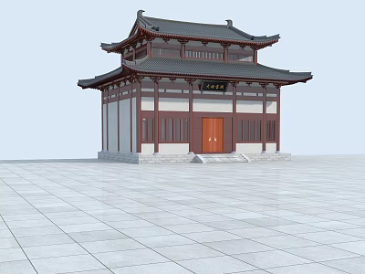 Traditional Ancient Chinese Architecture With Overhanging Eaves Black Roof Red Door And Stone Slab Square 3d model