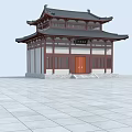 Traditional Ancient Chinese Architecture With Overhanging Eaves Black Roof Red Door And Stone Slab Square