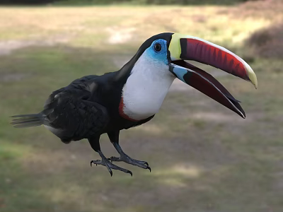 Colorful Toucan With Red Yellow Beak Blue Eyes Black White Feathers In Natural Outdoor 3d model