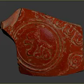 Red Wooden Stone Slab With Carved Spiral Patterns And Glossy Surface