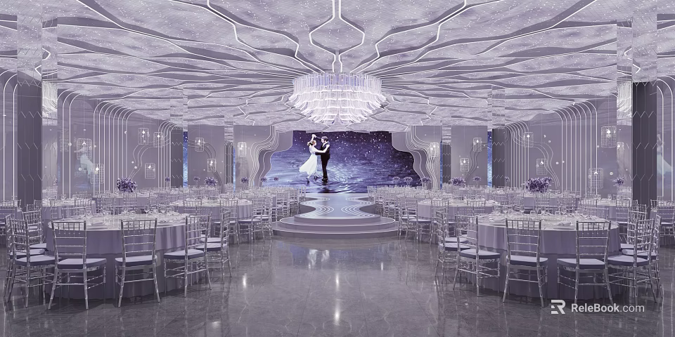 Elegant Banquet Hall With Decorative Ceiling Chandelier Wedding Stage Dining Tables And Chairs 3d model 