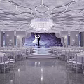 Elegant Banquet Hall With Decorative Ceiling Chandelier Wedding Stage Dining Tables And Chairs