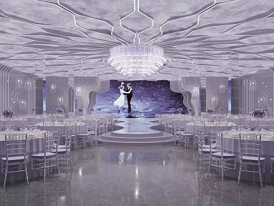 Elegant Banquet Hall With Decorative Ceiling Chandelier Wedding Stage Dining Tables And Chairs 3d model