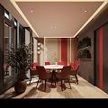 Elegant Private Dining Room Interior With Round Table Red Chairs Plants And Wall Decor 3d model