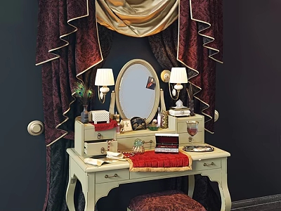 Elegant Classic Dressing Table With Round Mirror Table Lamps Upholstered Stool And Red Gold Curtains 3d model