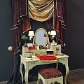 Elegant Classic Dressing Table With Round Mirror Table Lamps Upholstered Stool And Red Gold Curtains