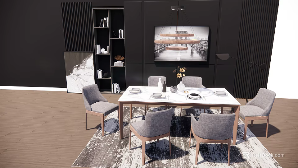 Modern Dining Table Set With White Top Gray Chairs Wall Art And Bookshelf 3d model