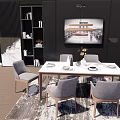 Modern Dining Table Set With White Top Gray Chairs Wall Art And Bookshelf 3d model